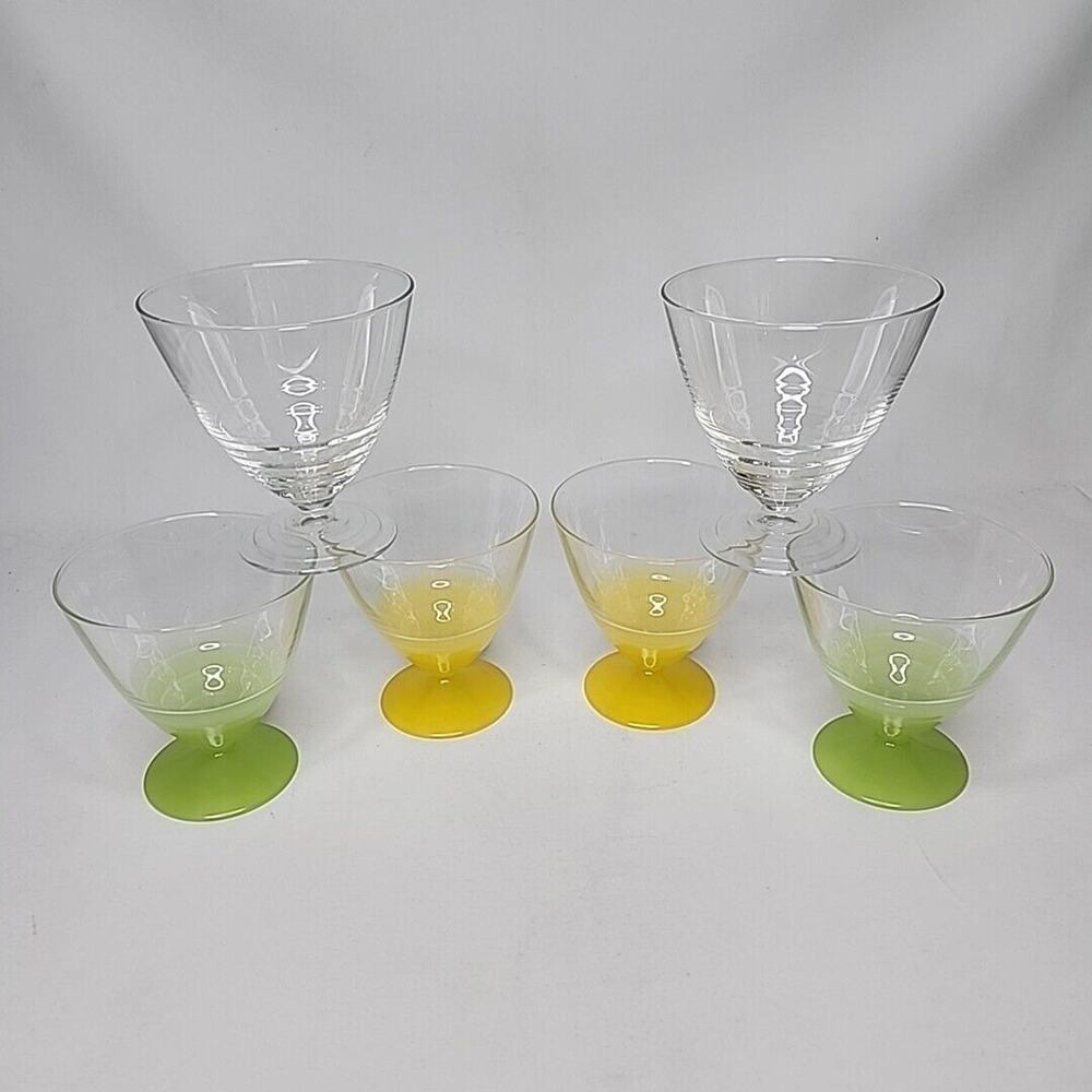 Six‎ ARC France Dessert Cups 8oz Glasses Retro Footed Green Yellow Clear Arcoroc